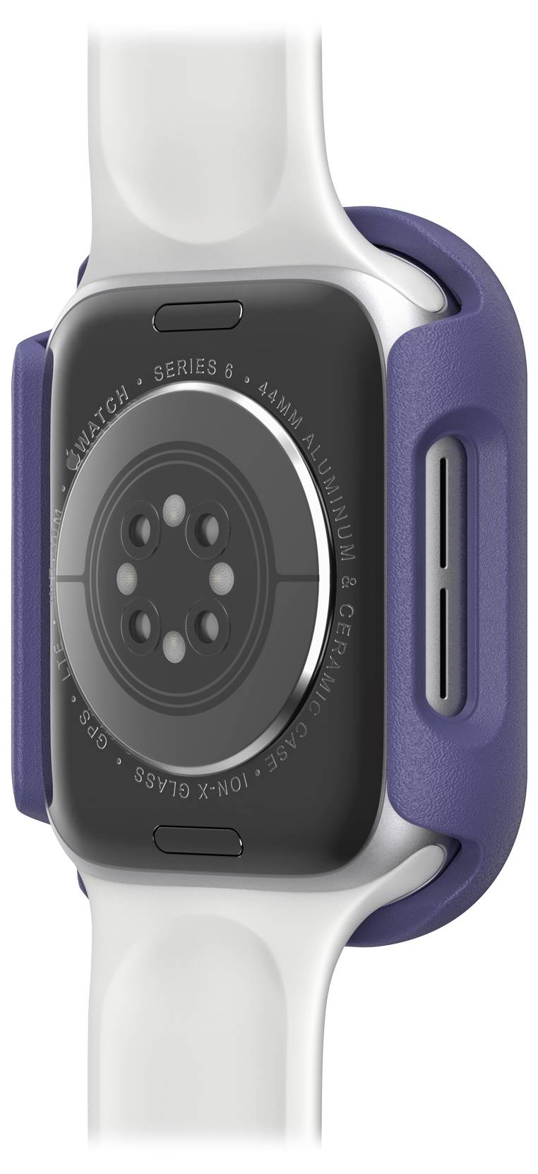 Tylna strona smartwatcha z tarczą czujnika, niebieską obudową ochronną i białym paskiem. Widoczne szczegółowe informacje tekstowe o serii modeli.