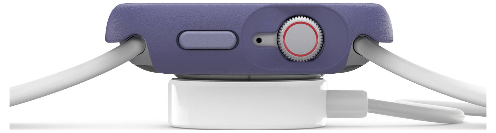 Smartwatch na ładowarce. Zegarek ma ciemnoniebieską obudowę i koronkę z boku z czerwonym pierścieniem. Przewód podłączony.