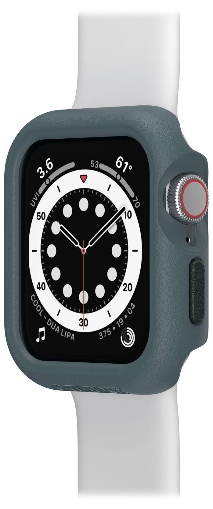 Smartwatch z czarną tarczą, białymi wskazówkami i napisem 'Cool - Dua Lipa'. Na górze: UV Index 3.6, temperatura 16°C. Po prawej: koronka.