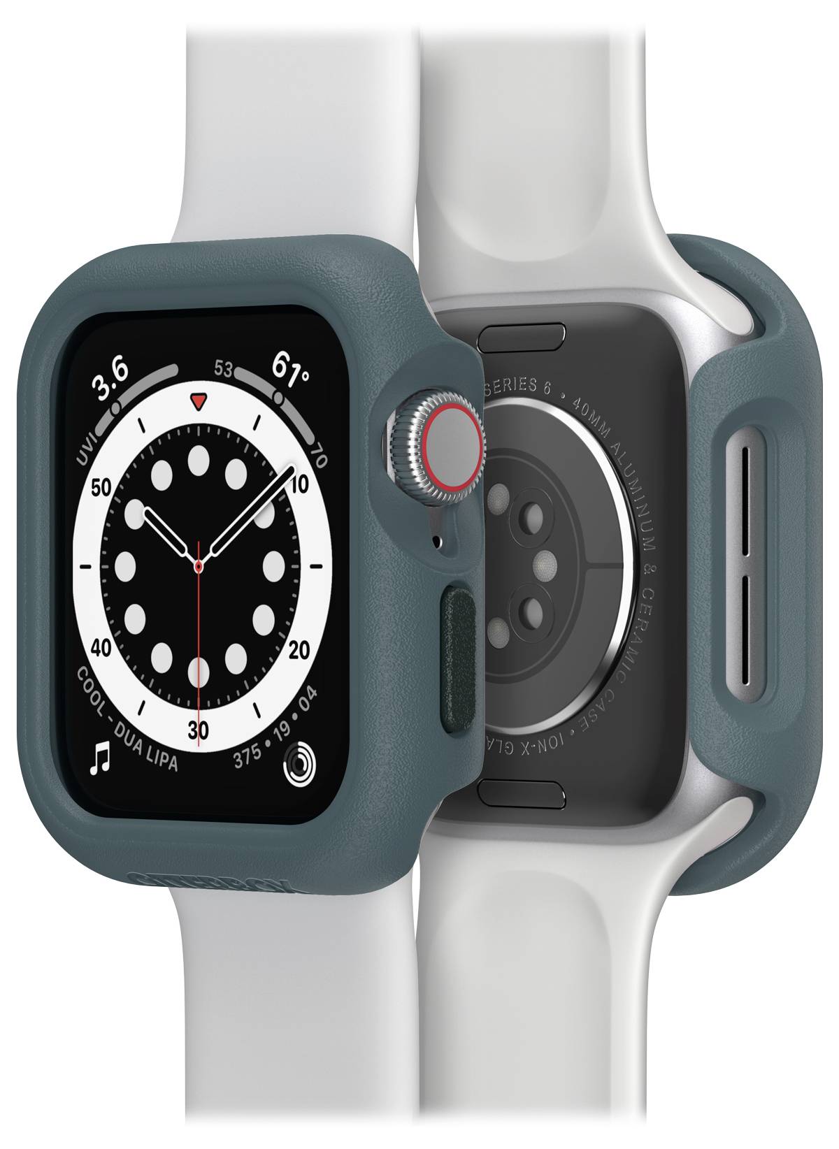 Widok z przodu i tyłu smartwatcha z czarną tarczą i białym paskiem. Obudowa jest ciemnozielona z czerwonym przyciskiem.