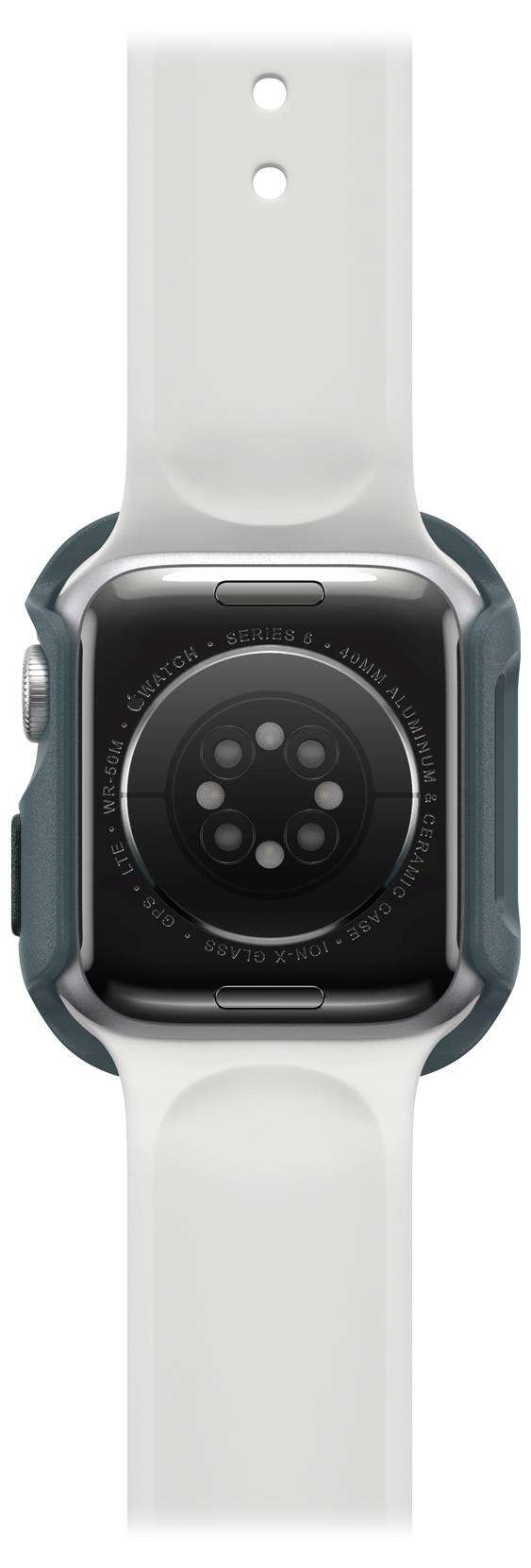 Tylna strona smartwatcha z białym paskiem i czujnikami używanymi do monitorowania danych zdrowotnych.