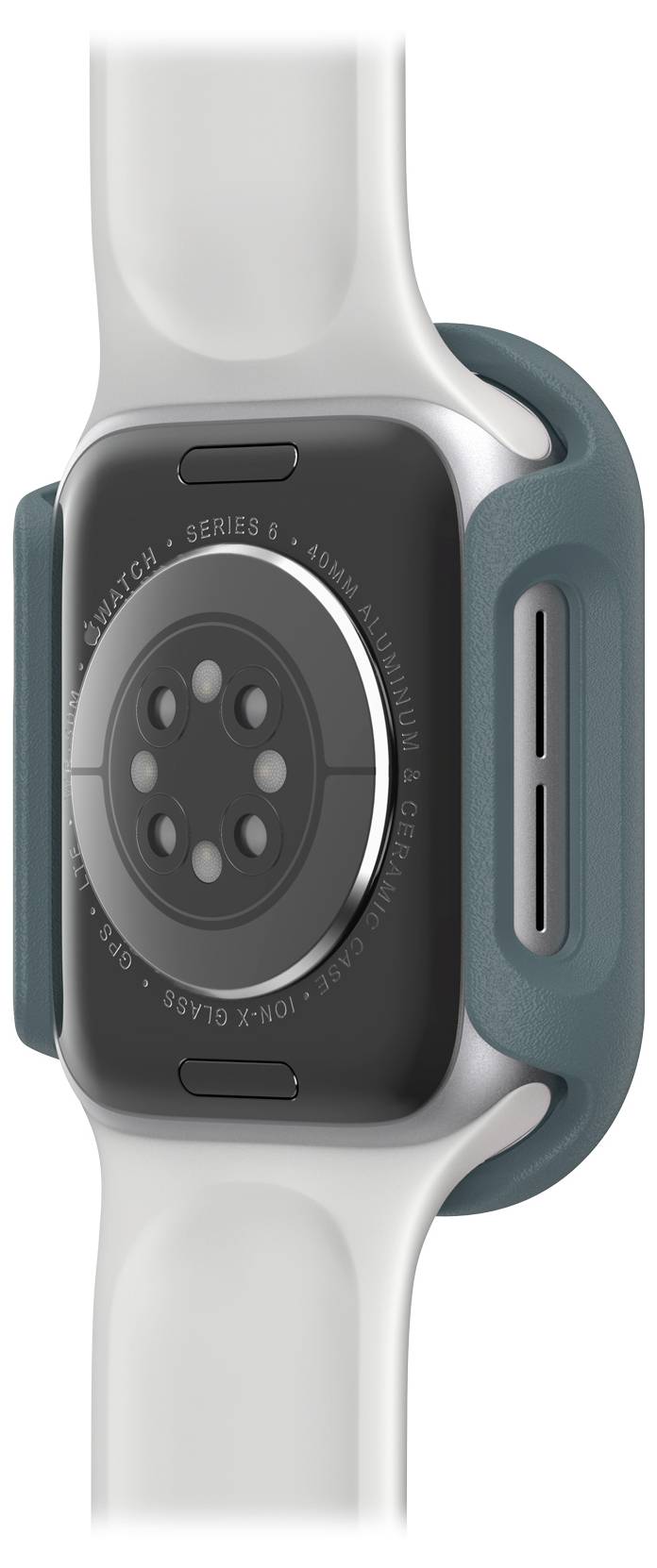 Smartwatch z srebrną obudową i ciemnozielonym etui ochronnym. Tylna strona wyposażona jest w czujniki, a pasek jest biały.