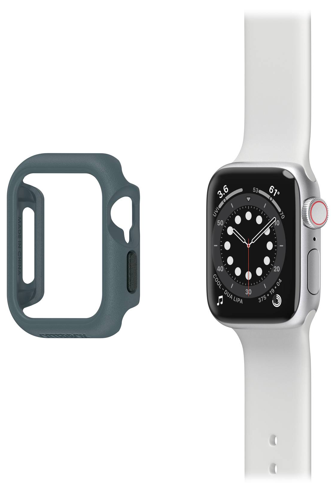 Smartwatch z białym paskiem i analogową tarczą, obok ciemnozielone etui ochronne.