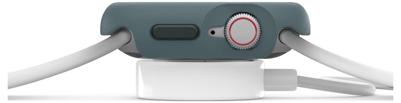 Smartwatch z zielonym korpusem widziana z boku, umieszczona na białej stacji ładującej, z podłączonymi dwoma kablami.