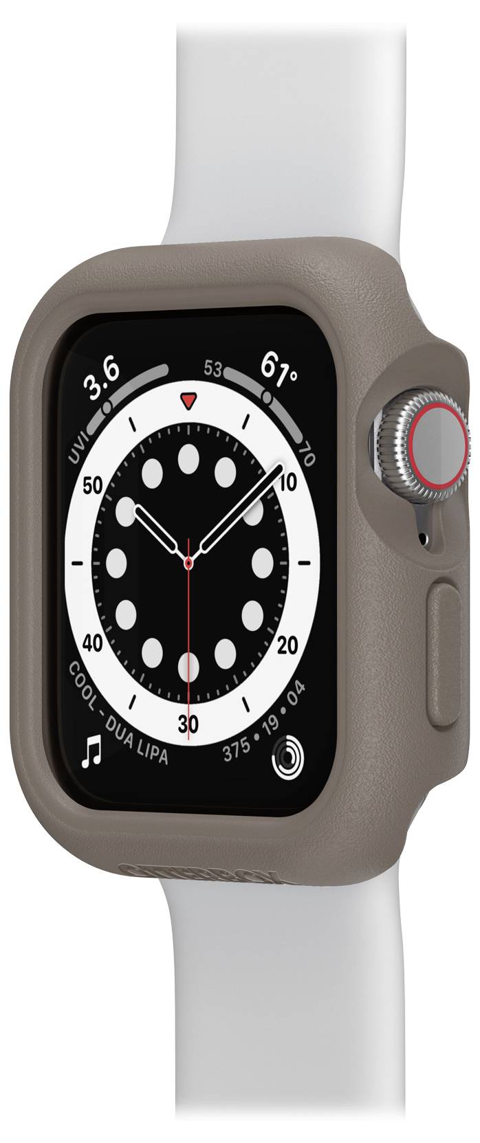 Smartwatch z okrągłą tarczą, cyfrowymi wskaźnikami, wyświetlaczem temperatury 61 stopni i widżetem muzycznym, wyświetlającym utwór 'Cool'.