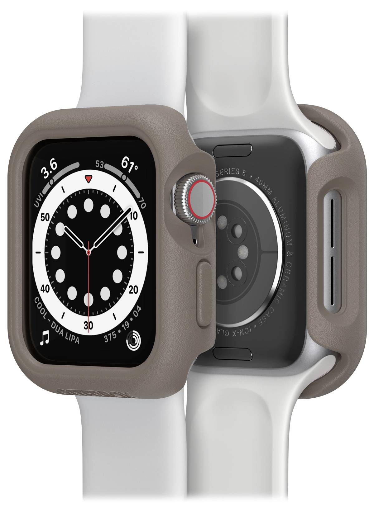 Smartwatch z okrągłą tarczą, szarą obudową i białym paskiem, wyświetlająca czas w stylu punktowym oraz temperaturę.