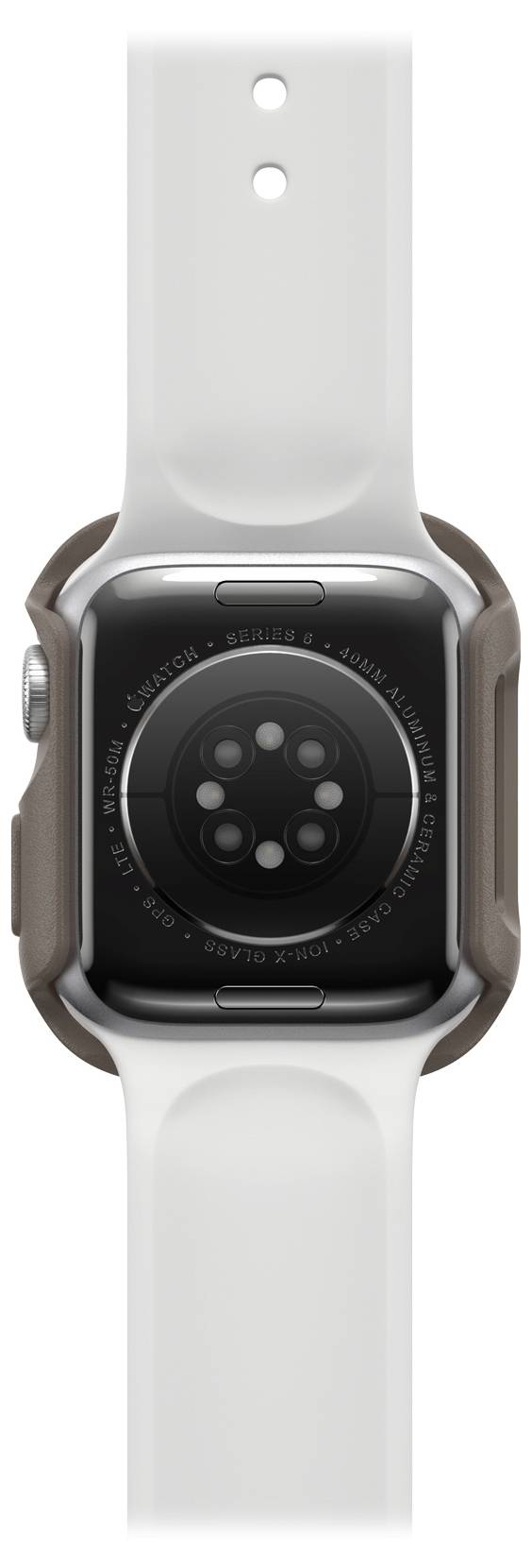 Tylna strona smartwatcha z białym paskiem i czujnikami.