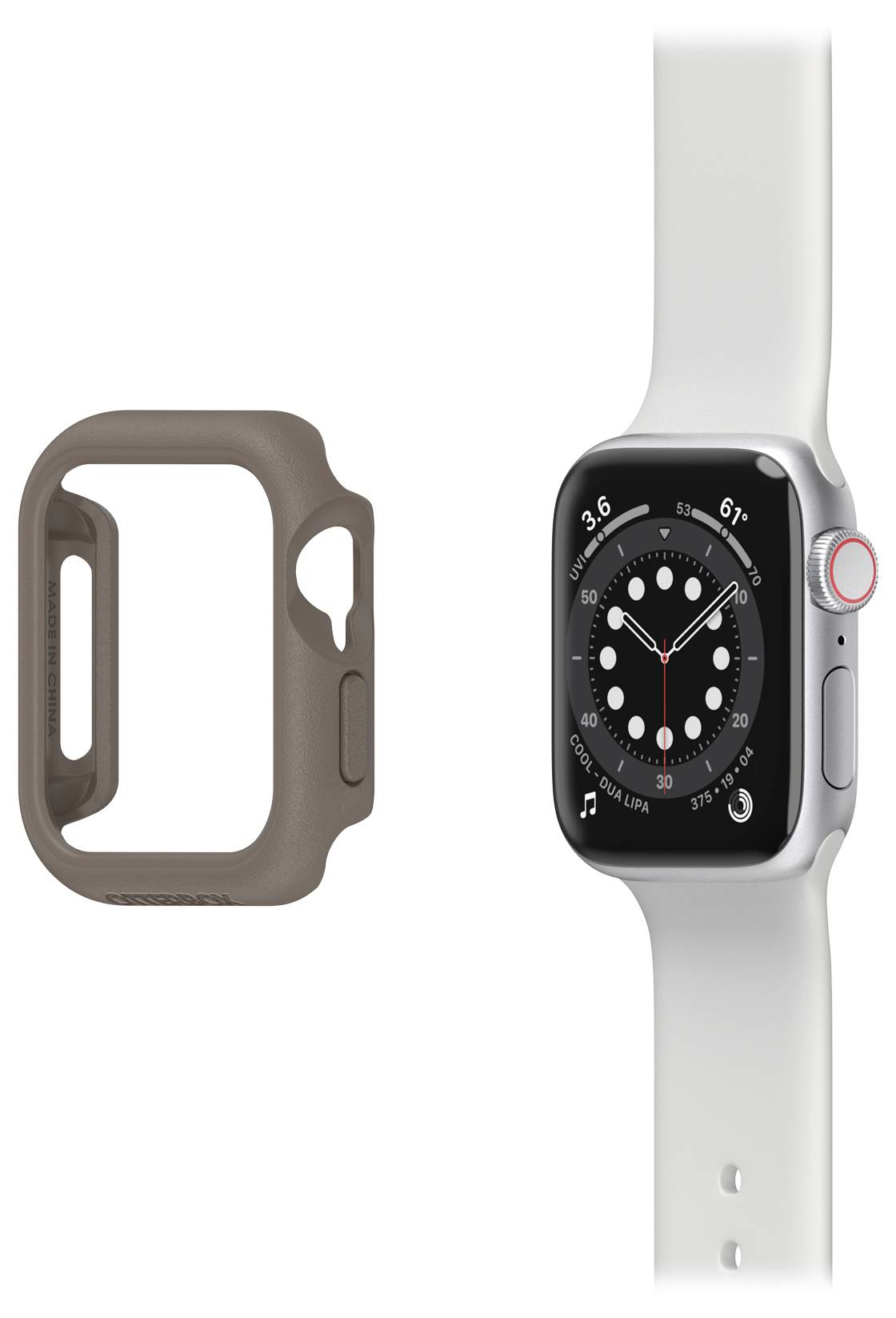 Smartwatch z białym paskiem i tarczą wyświetlającą godzinę, obok brązowej silikonowej obudowy dodatkowej.