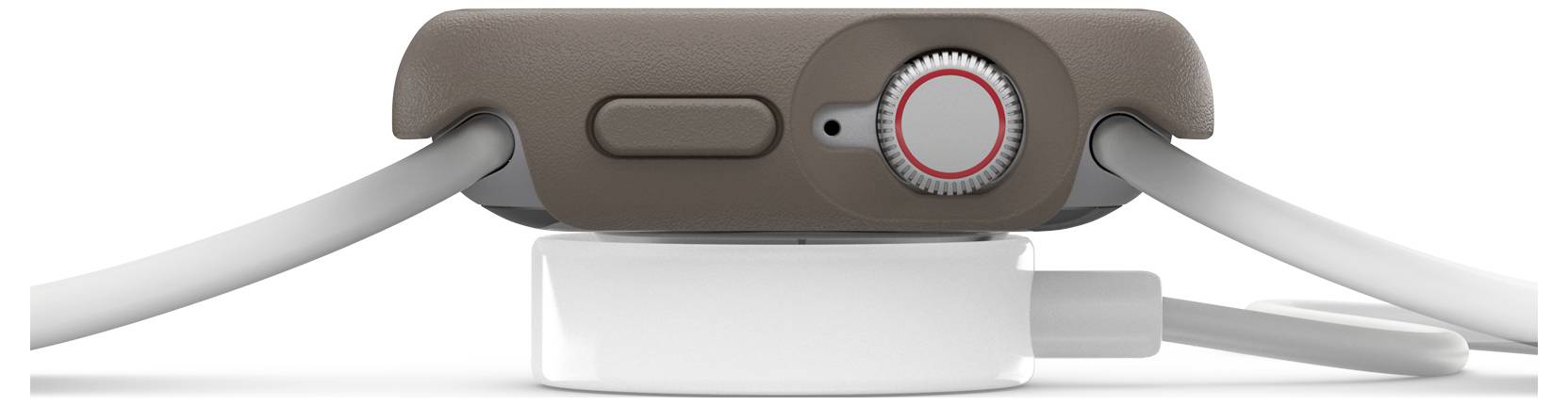 Widok z boku smartwatcha w kolorze brązowym na białej stacji ładującej. Dwa kable są podłączone do stacji.