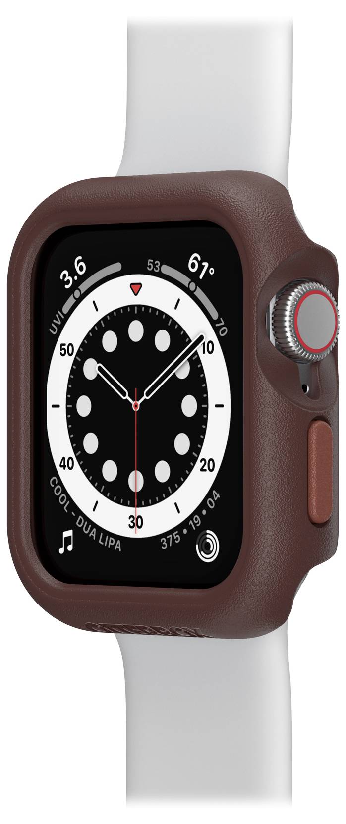 Brązowy smartwatch z białym paskiem, wyświetlający czas analogowy, temperaturę (61°F) i indeks UV (3,6). Wyświetlacz ma białe okrągłe znaczniki.