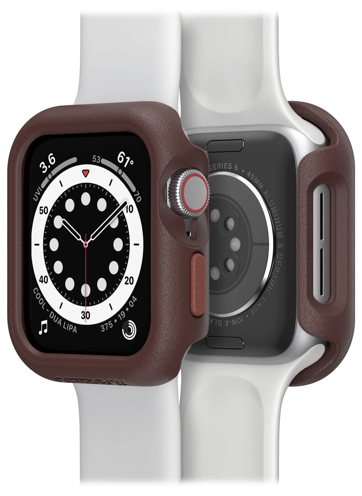 Smartwatch z brązową kopertą i białym paskiem wyświetla analogową tarczę z wskaźnikiem temperatury i elementami ozdobnymi.