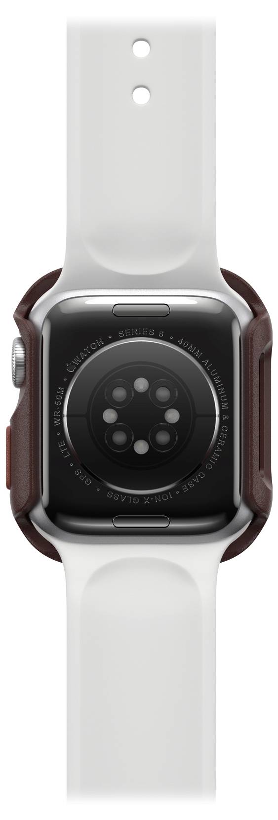 Tylna strona smartwatcha z białym paskiem. Widoczny jest obszar czujników i metalowa obudowa.