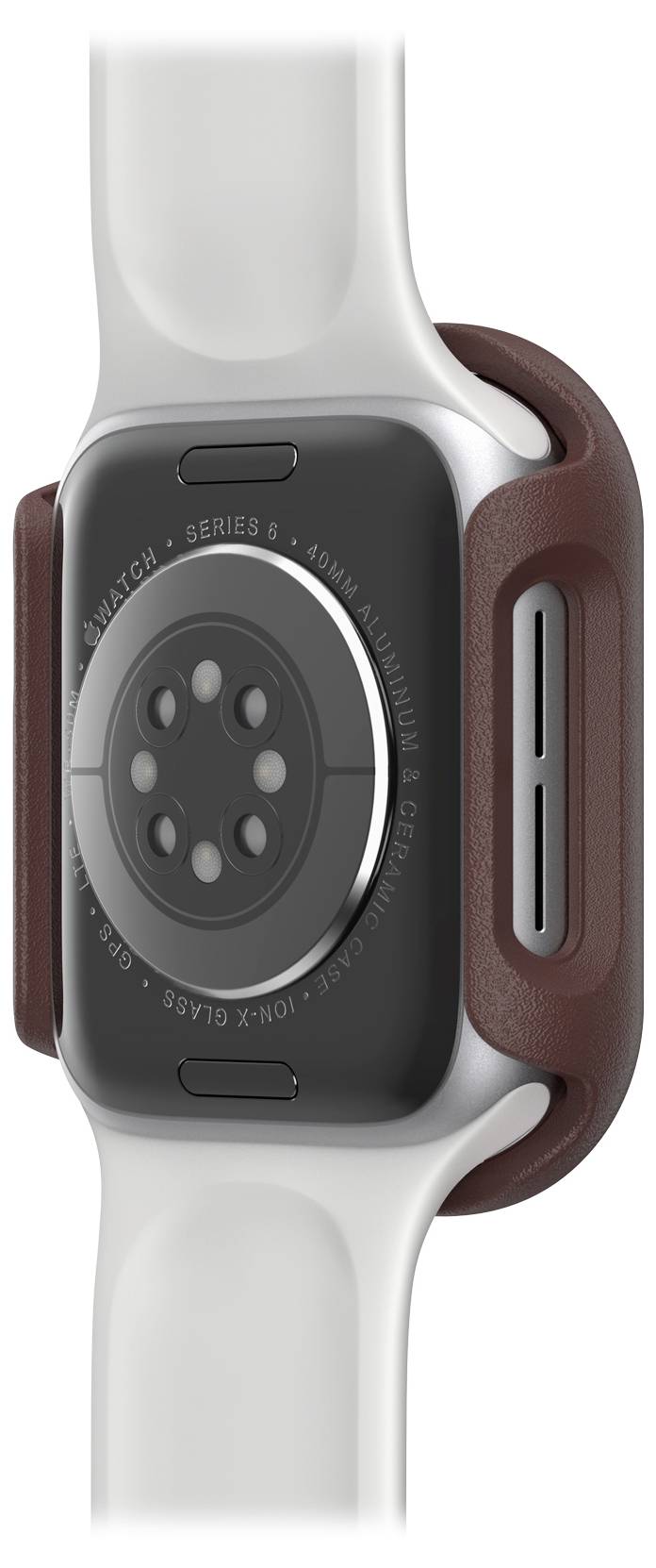 Widok z boku smartwatcha z szarym wyświetlaczem i brązowym paskiem.