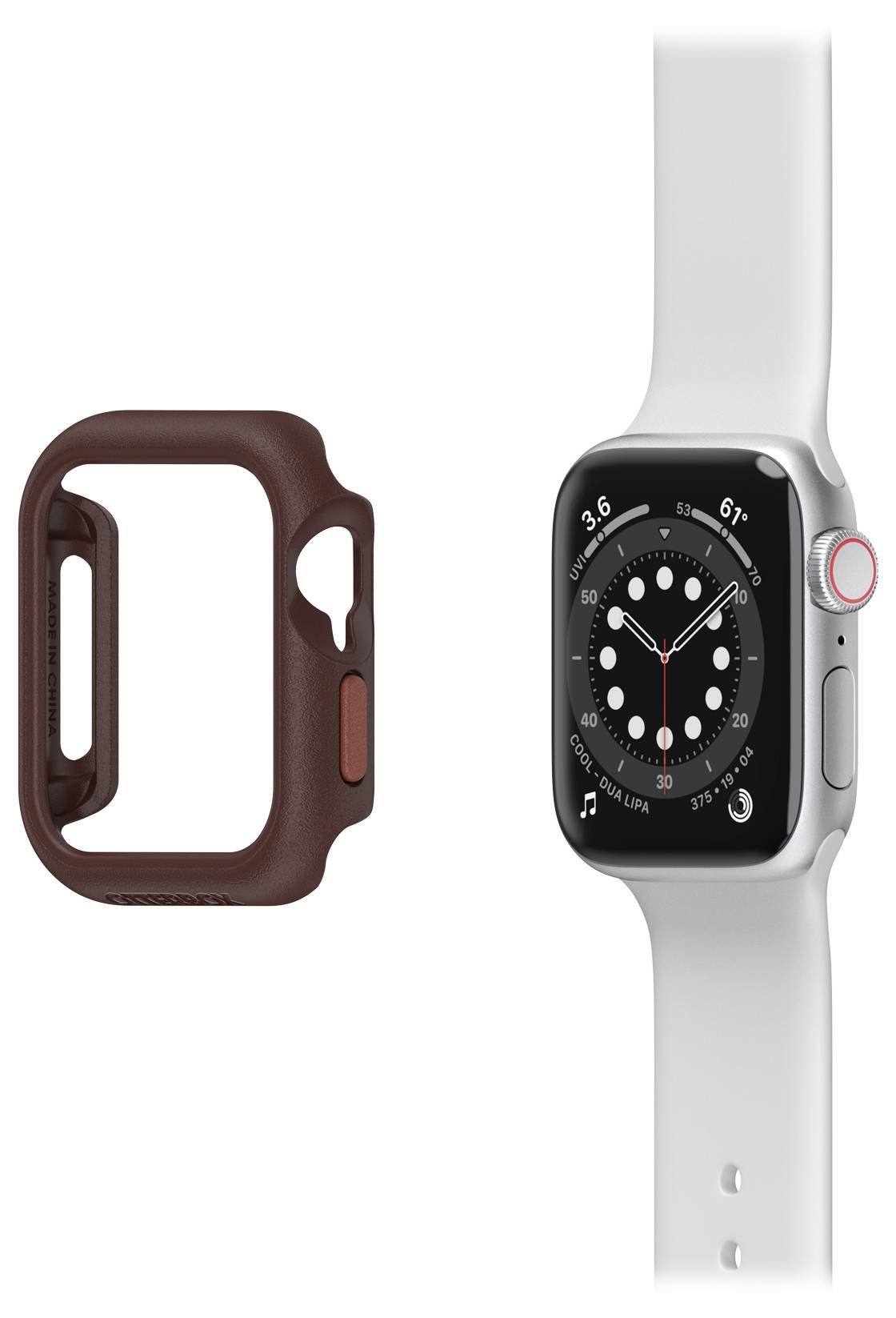 Srebrny smartwatch z białym paskiem i czarną tarczą, obok niego brązowe etui ochronne.