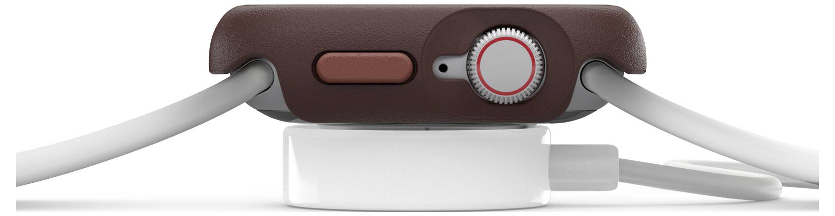 Brązowy smartwatch widziany z boku, umieszczony na bezprzewodowej ładowarce, z widocznym przyciskiem i czerwonym akcentem na koronie.