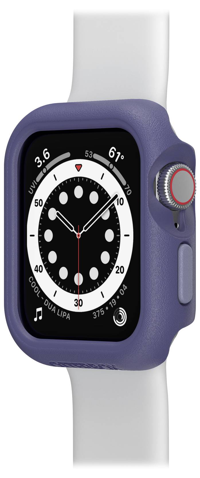 Smartwatch z ciemnoniebieską obudową wyświetla zegar analogowy z białymi wskazówkami i oznaczeniami. Powyżej wskazana jest temperatura 61°F.