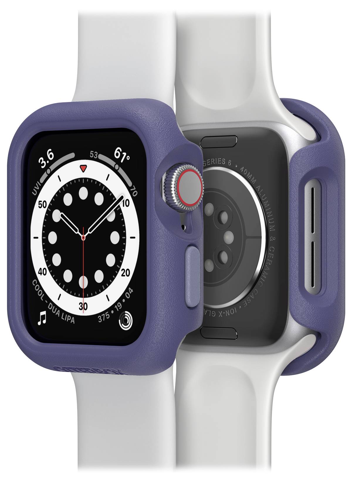 Zegarek Apple Watch w fioletowym etui z białym paskiem, wyświetlający tarczę zegarka i dane zdrowotne. Widok od tyłu.