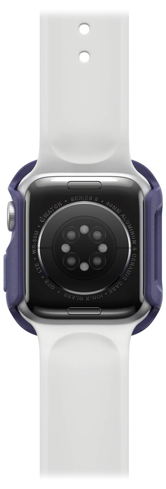 Smartwatch z białym paskiem, z tyłu widoczne są czujniki i śruby.