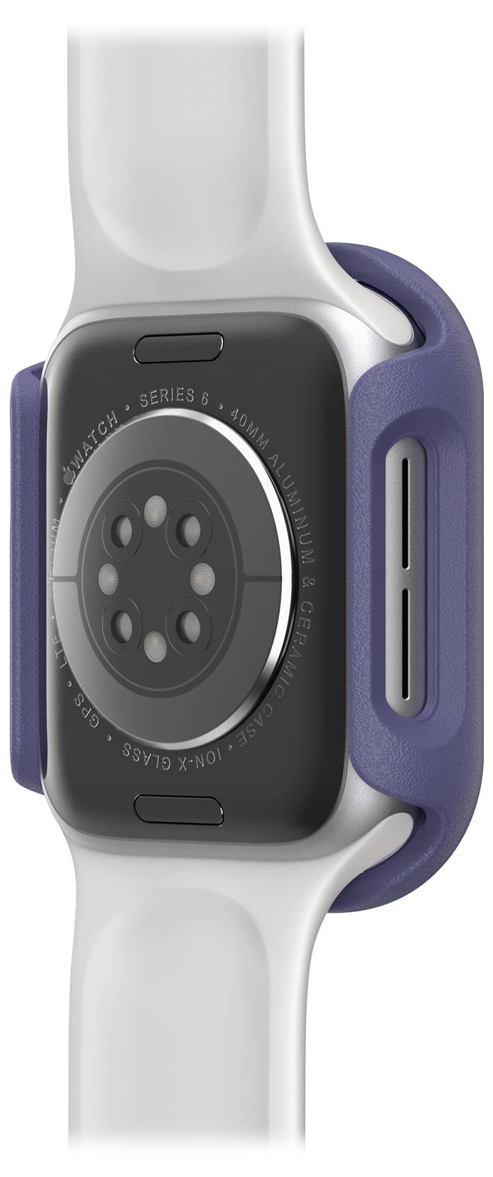 Smartwatch z niebieskim etui ochronnym i białym paskiem, widziana z boku, ukazująca czujniki i szczegóły obudowy.