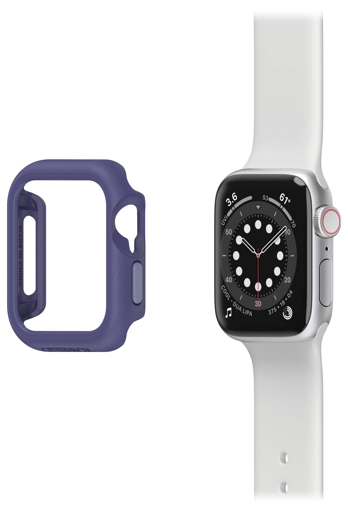 Srebrny smartwatch z białym paskiem wyświetla czas analogowy. Obok niego znajduje się niebieskie etui ochronne.