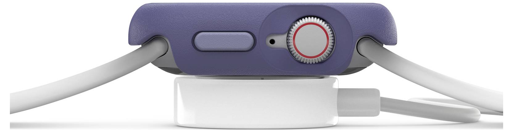 Ujęcie z boku zbliżenia smartwatcha w niebieskiej obudowie, z cyfrową koronką, podłączonego dwoma kablami do jednostki ładującej.