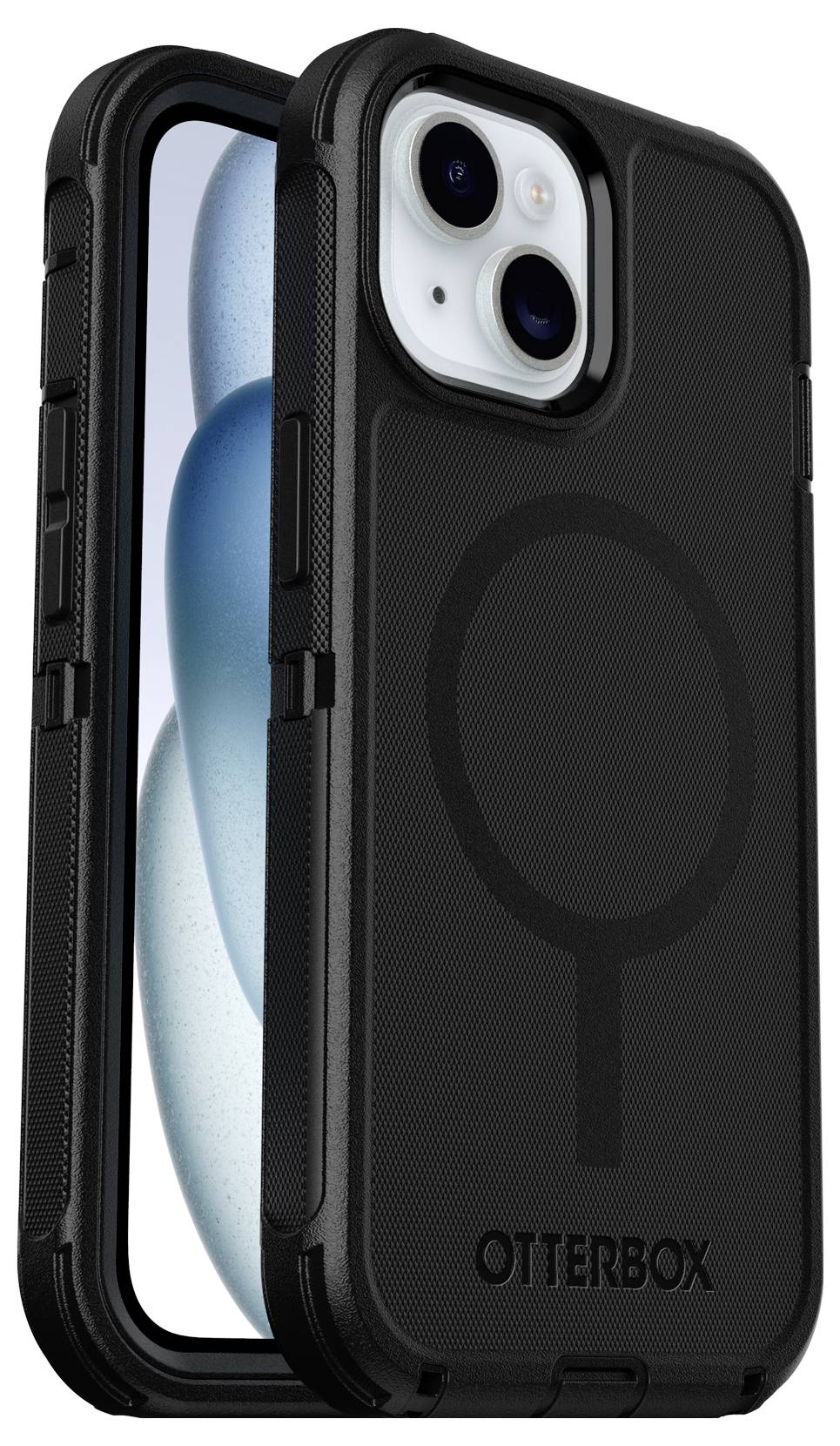 Czarny smartfon w wytrzymałej obudowie OtterBox, częściowo widoczny. Etui zapewnia solidną ochronę i zintegrowaną kompatybilność z MagSafe.