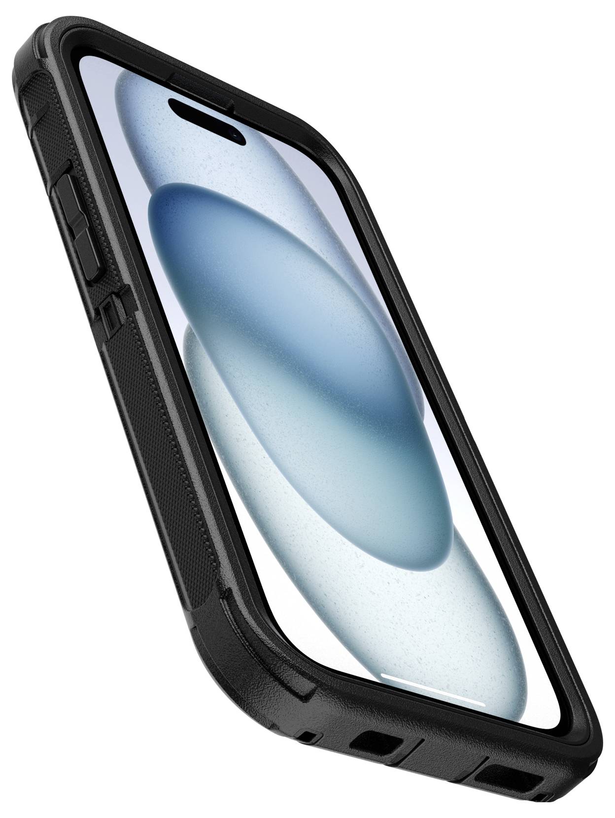 Smartfon z wytrzymałą czarną obudową, którego ekran wyświetla niebiesko-czarne fale graficzne na białym tle.