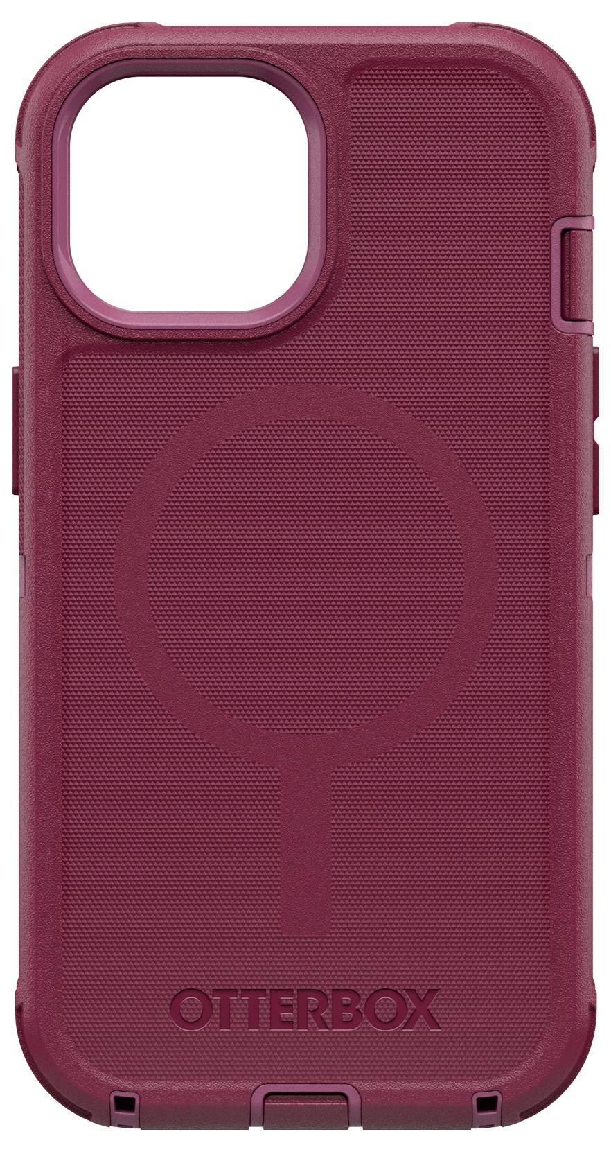 Czerwone etui ochronne na smartfona marki OtterBox z okrągłym wzorem na tylnej części. Kompatybilne z iPhone 13.