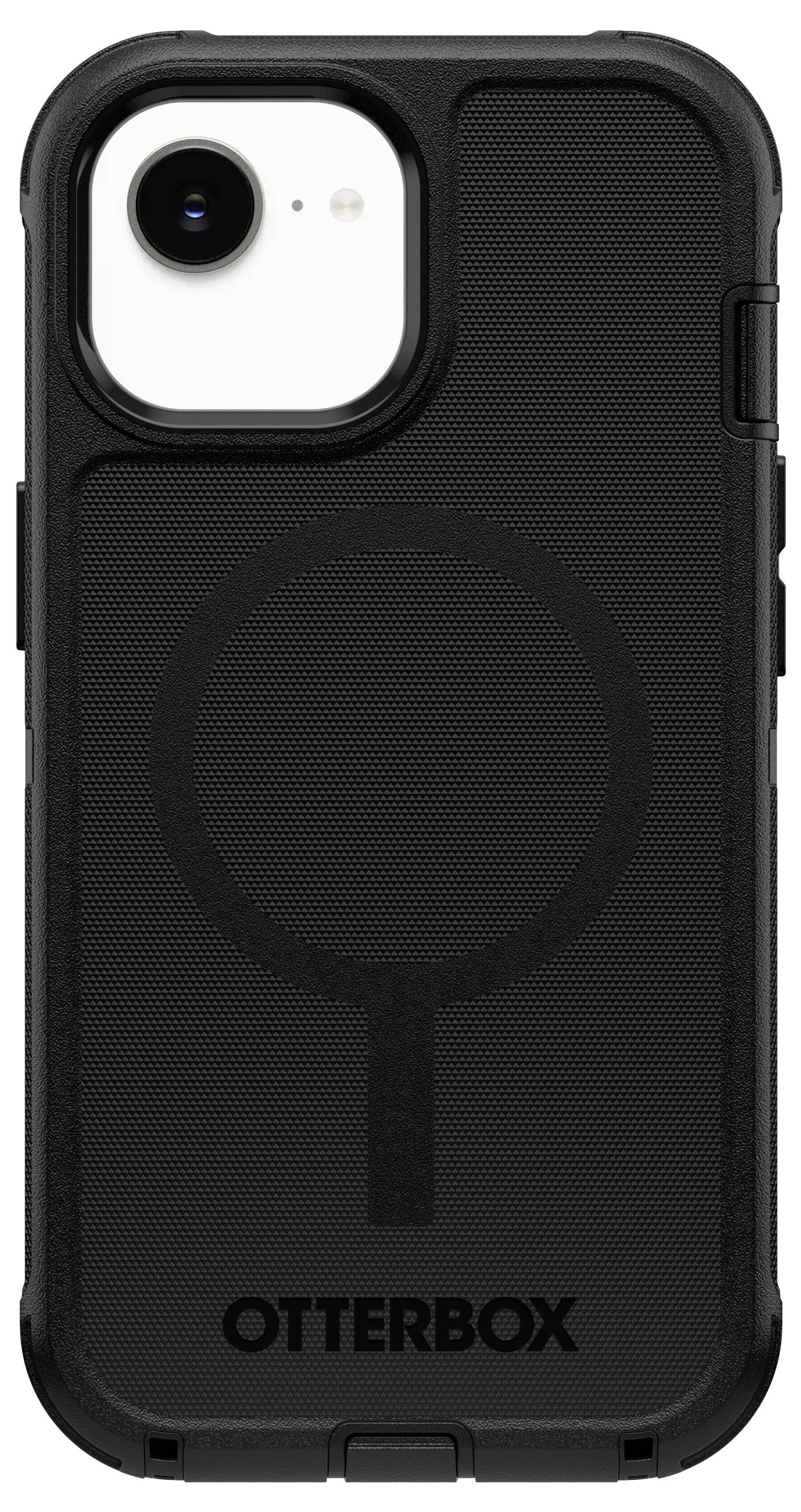 Czarna obudowa telefonu OtterBox z pierścieniem MagSafe i dużym wycięciem na aparat, widok z przodu.