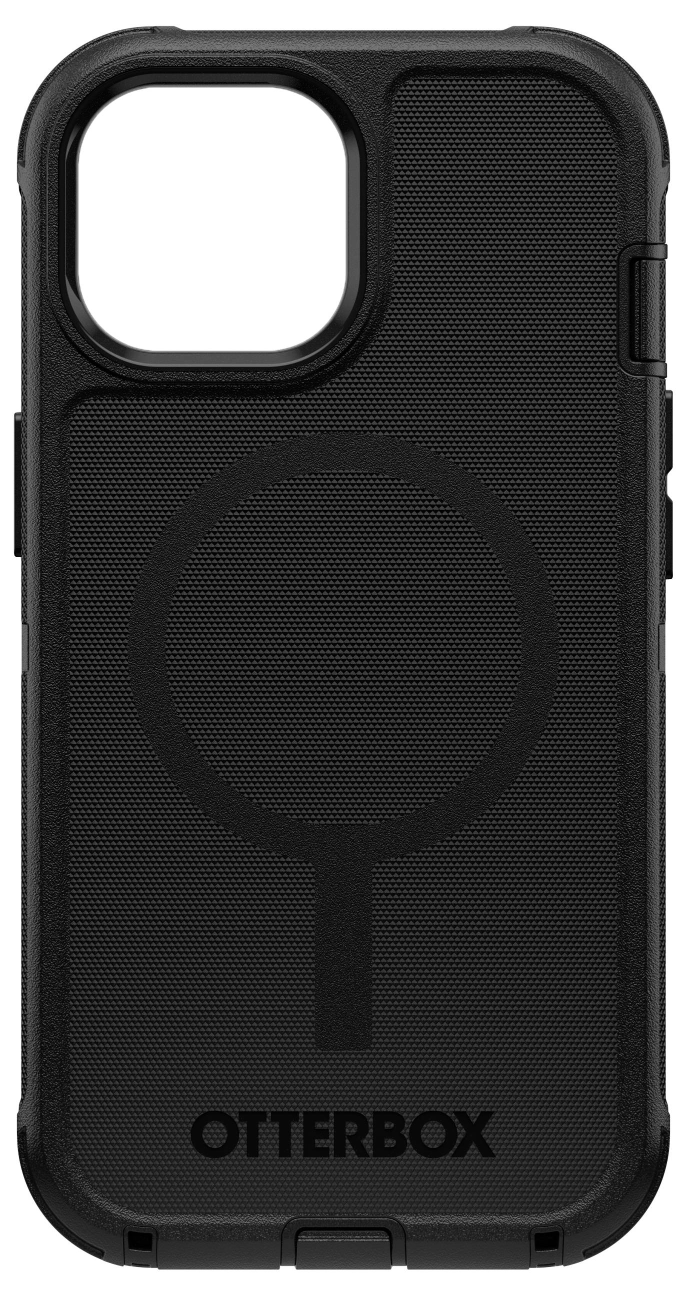 Czarne etui OtterBox do telefonu z dużym prostokątnym wycięciem na kamerę i centrowanym okrągłym wzorem w stylu MagSafe.