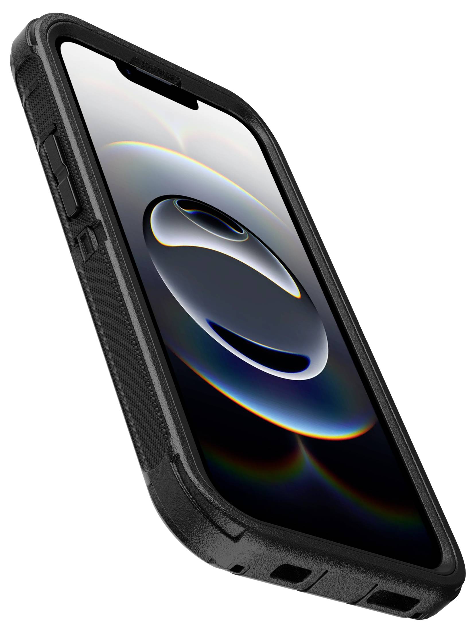 Czarna szorstka obudowa smartfona pokazana pod kątem na białym tle, ze wzniesionymi krawędziami i bocznym przyciskami.