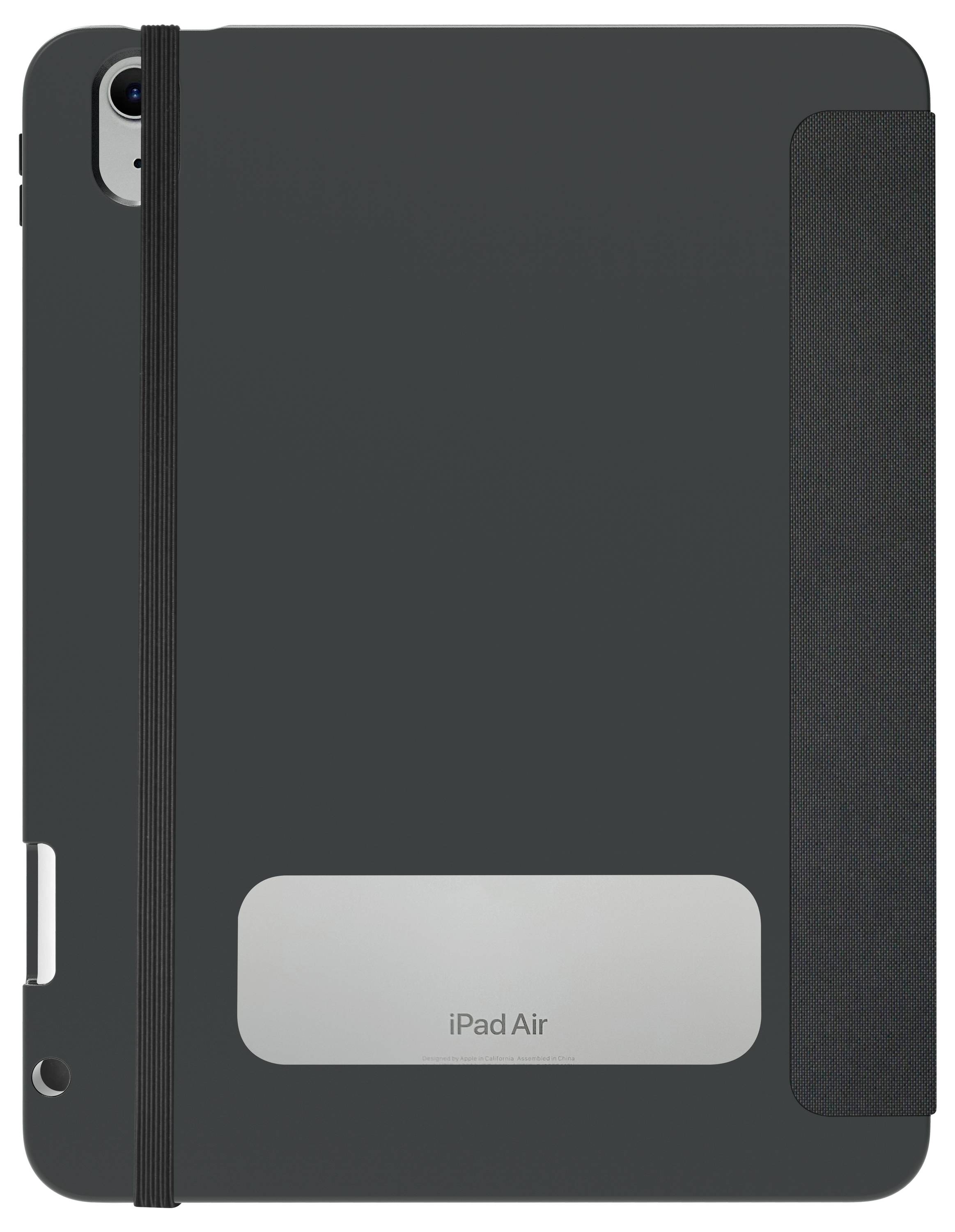 Etui na tablet otula urządzenie, prawdopodobnie iPad Air, z widocznym otworem na kamerę i elastyczną opaską.