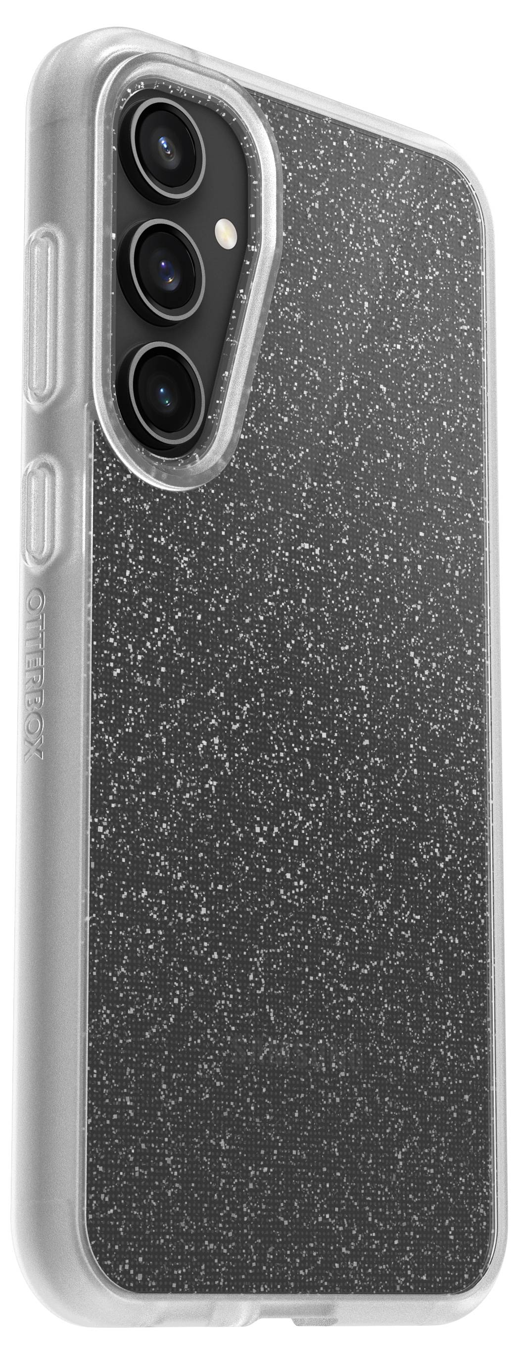 Przezroczyste etui na smartfona z brokatowym wzorem i trzema otworami na obiektywy, prezentujące układ soczewek i mechanizmy ochronne.