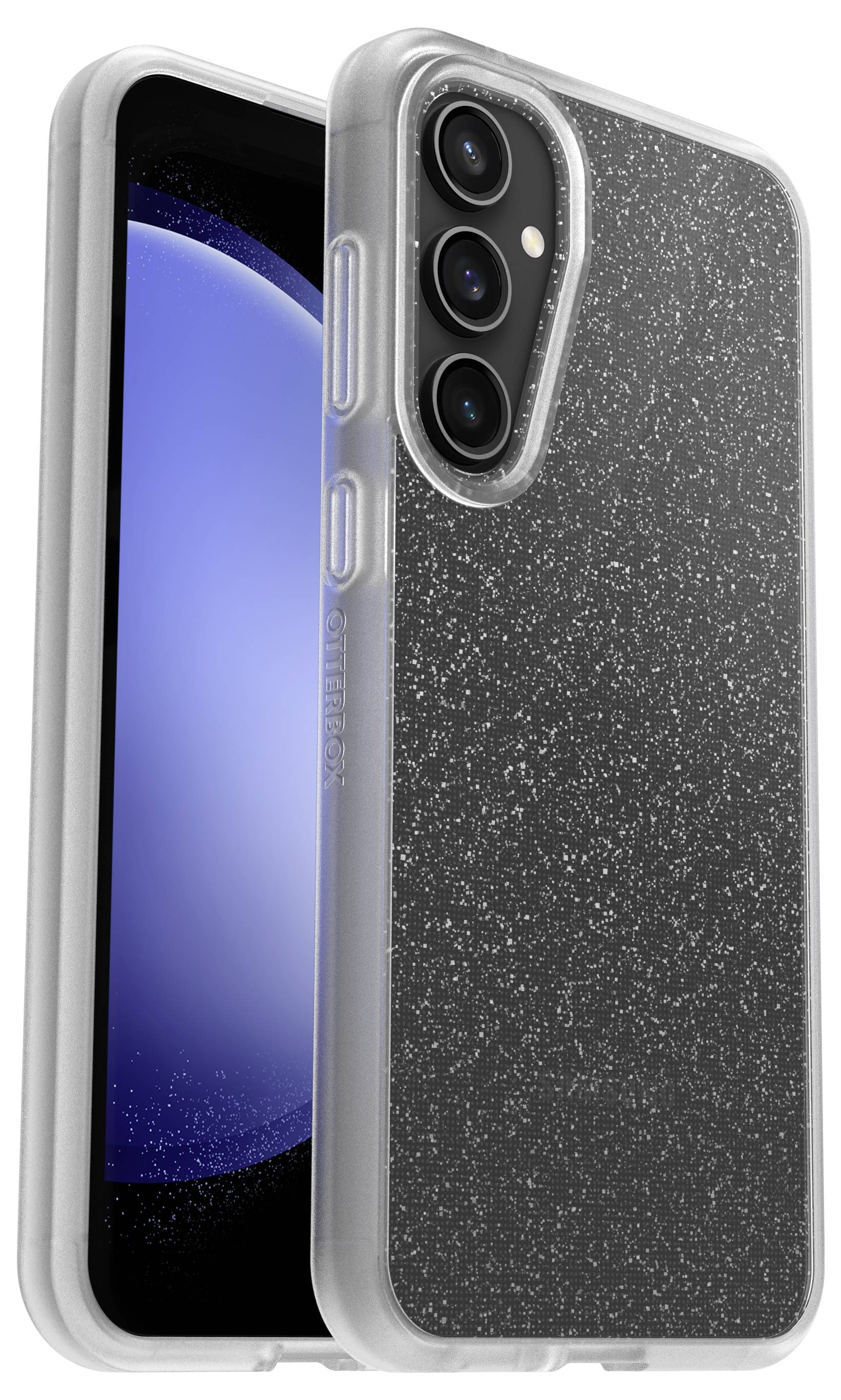 Smartfon z przezroczystą, błyszczącą obudową ochronną. Etui posiada wycięcia na przyciski i aparat fotograficzny.