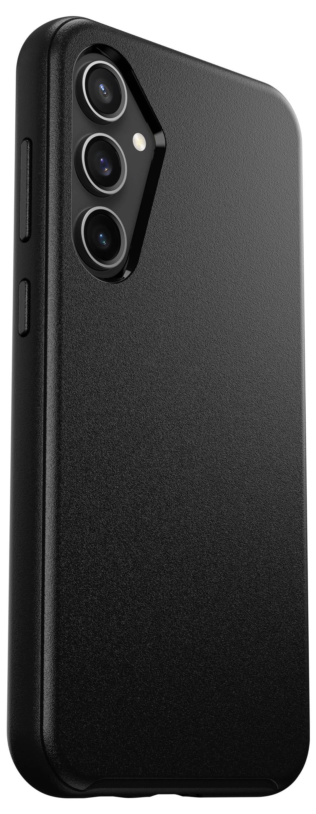 Czarny smartfon z trzema aparatami z tyłu, widok z boku.