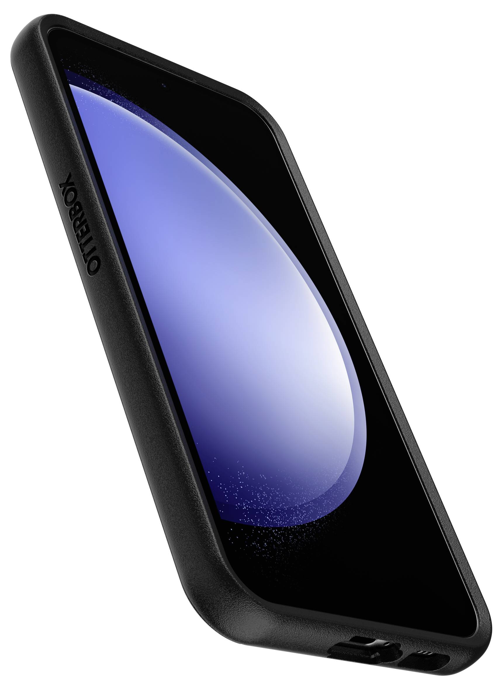 Smartfon w czarnej obudowie ochronnej, sfotografowany pod skosem z przodu. Wyświetlacz przedstawia abstrakcyjny niebieski wzór. Obudowa ochronna jest marki OtterBox.