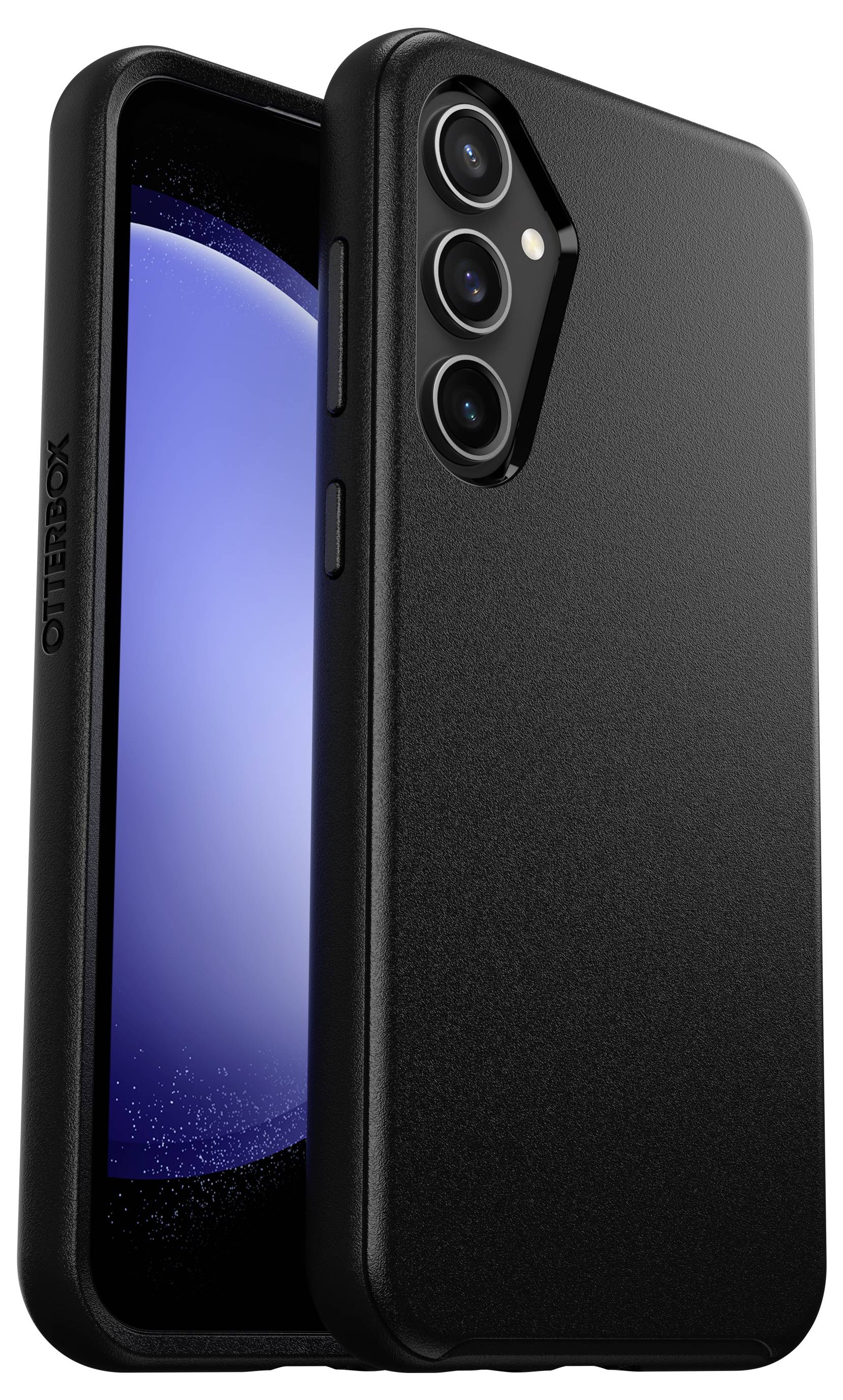Czarny telefon w etui OtterBox. Z tyłu widoczne są trzy obiektywy aparatu. Wyświetlacz pokazuje niebieski ekran.