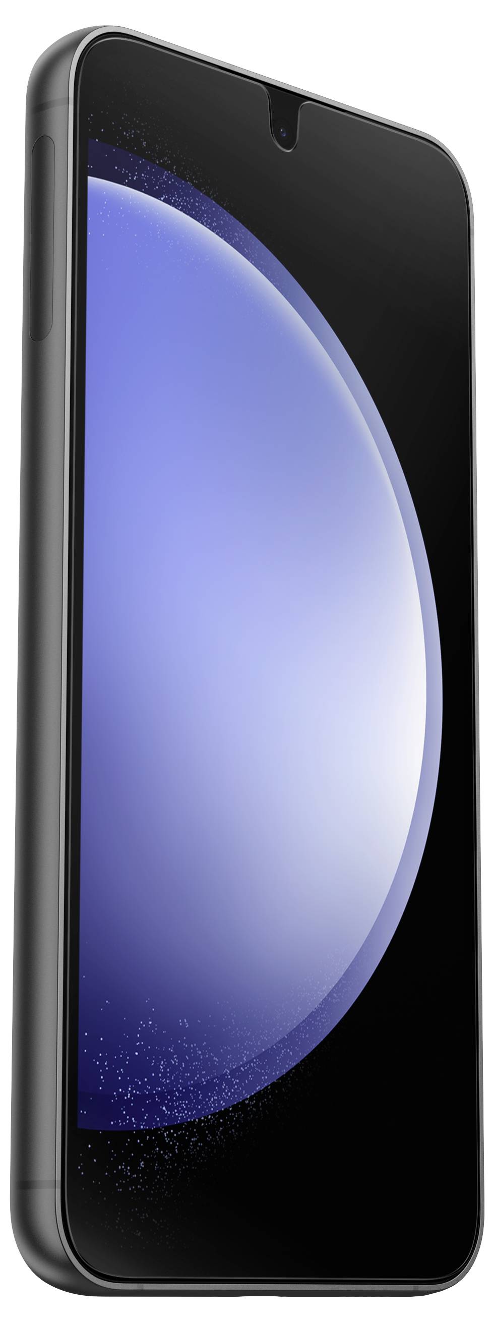 Smartfon w widoku bocznym z czarną obudową i zaokrąglonym wyświetlaczem, na którym widoczny jest niebiesko-biały tło.