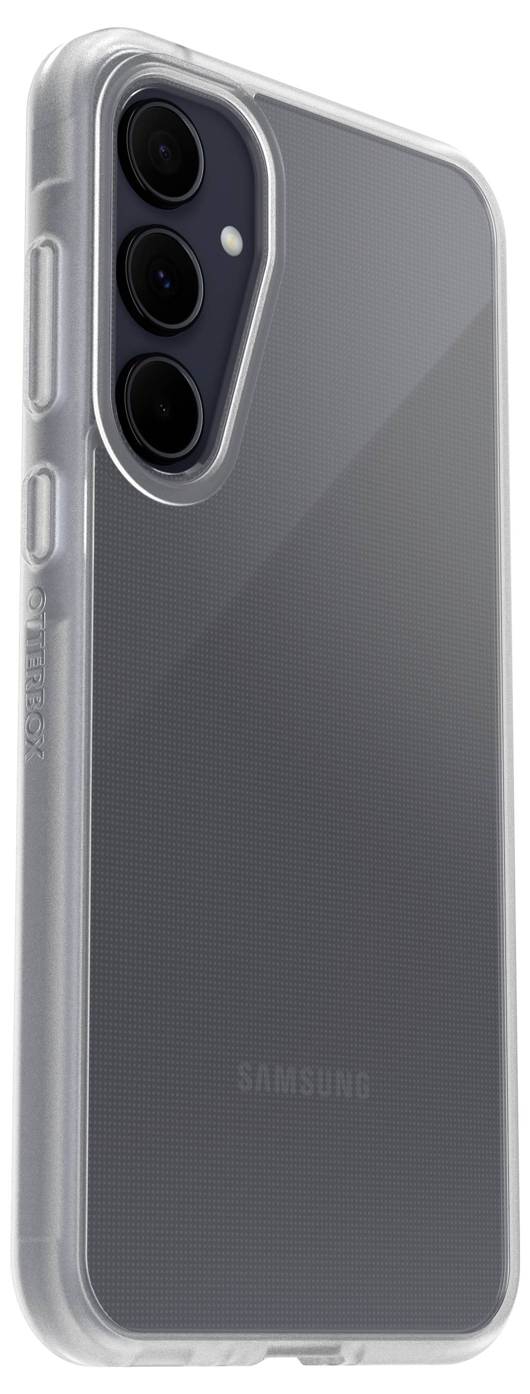 Czarny smartfon z przezroczystą obudową ochronną. Z tyłu widoczne są trzy obiektywy aparatu.