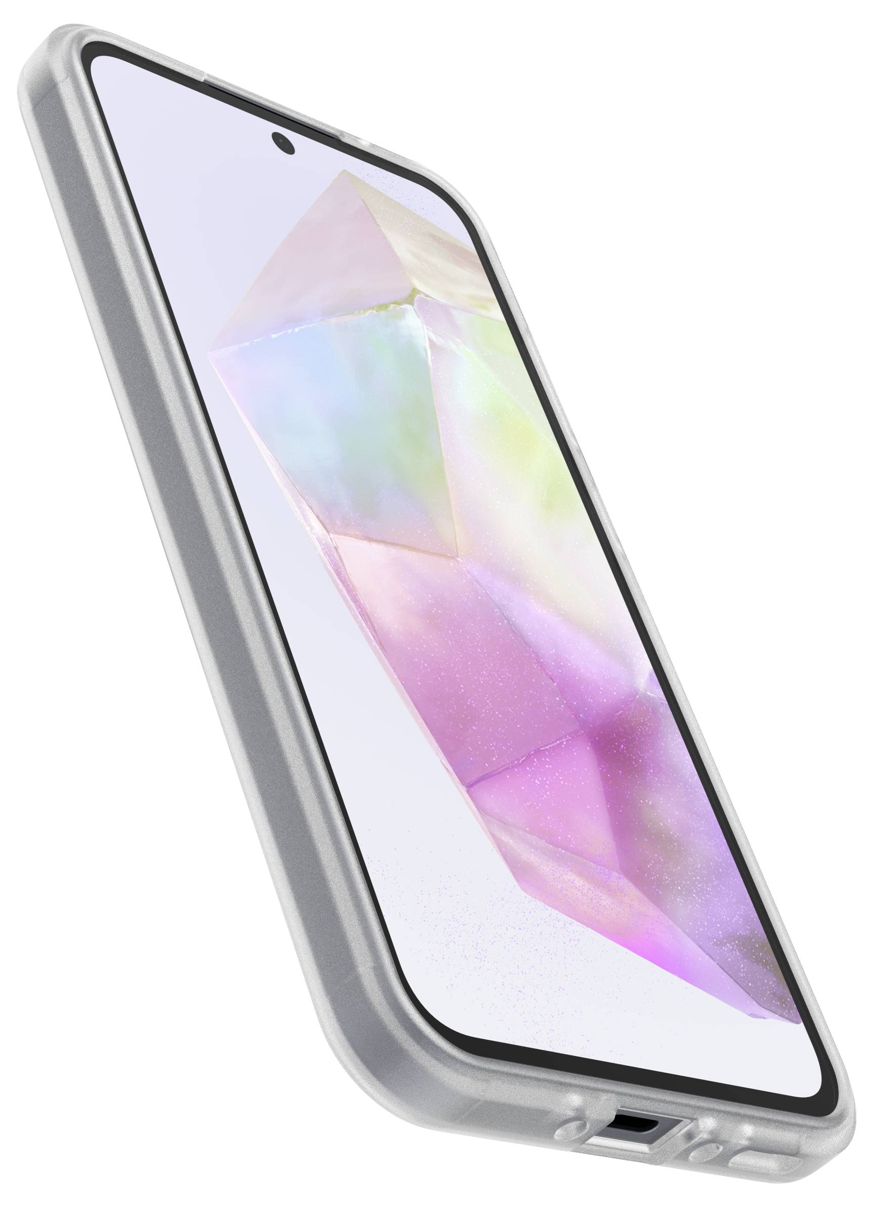 Smartfon w ochronnym etui, ekran wyświetla pastelowy, kryształowy wzór.