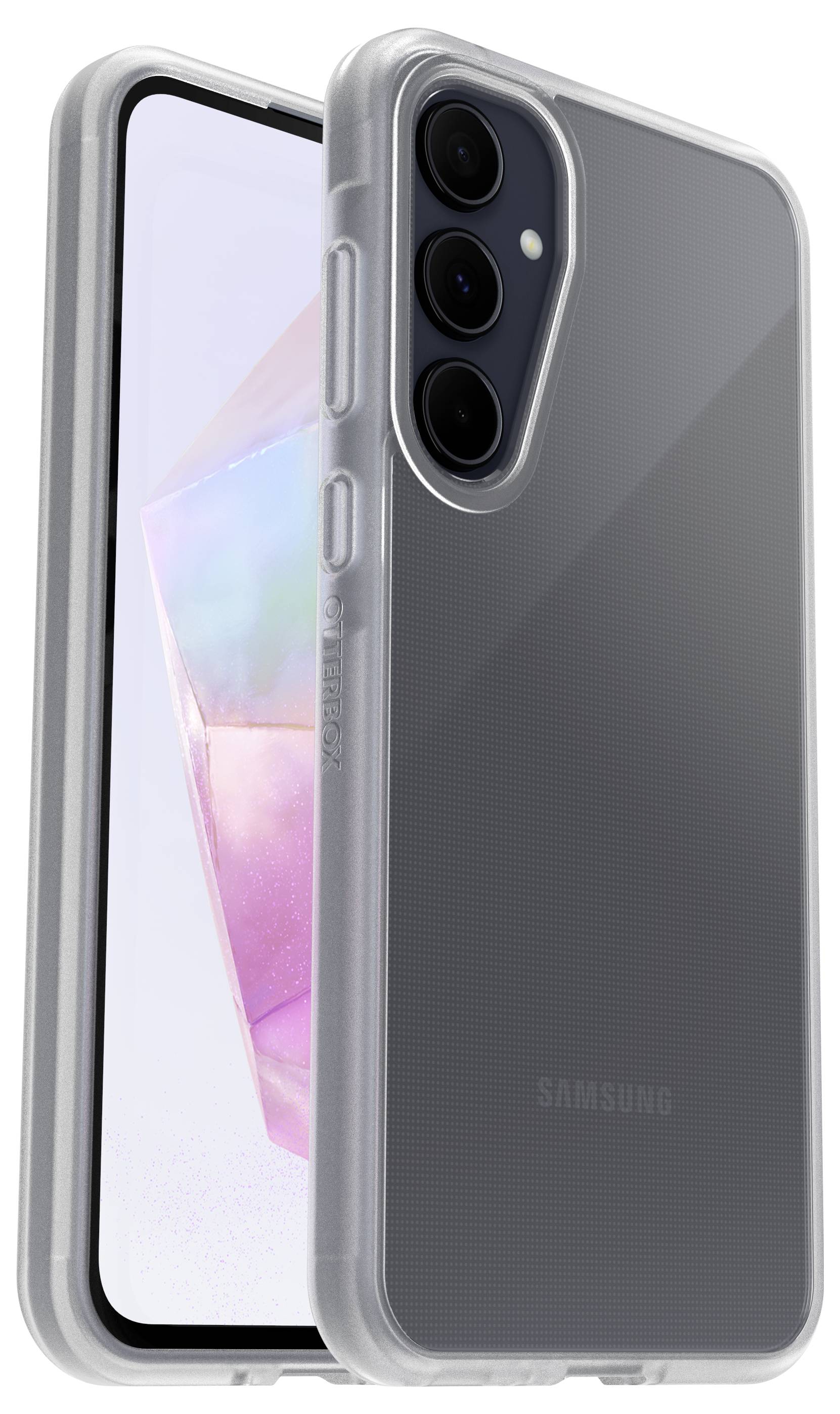 Przezroczyste etui na smartfonie z szarym tyłem. Telefon wyświetla abstrakcyjny, kolorowy projekt ekranu.