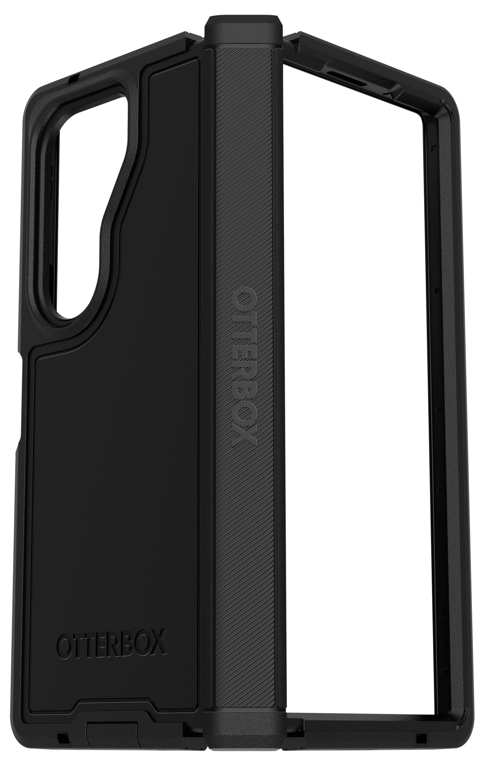 Czarna obudowa na telefon firmy OtterBox przeznaczona do składanego smartfona, przedstawiona w pozycji rozłożonej, chroni tylną część oraz krawędzie urządzenia.