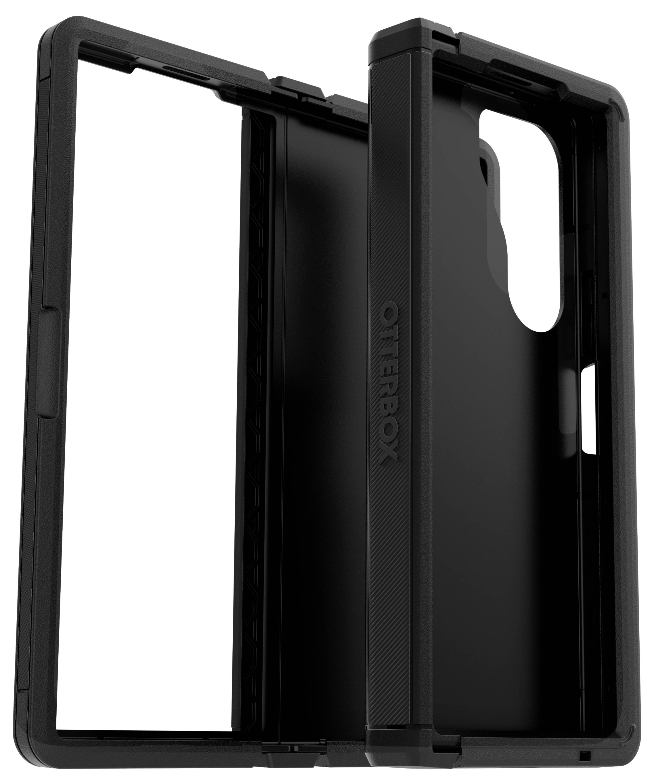 Czarna obudowa na telefon marki Otterbox, otwarta. Zapewnia solidną ochronę z amortyzującymi krawędziami. Odpowiednia dla nowoczesnych smartfonów.