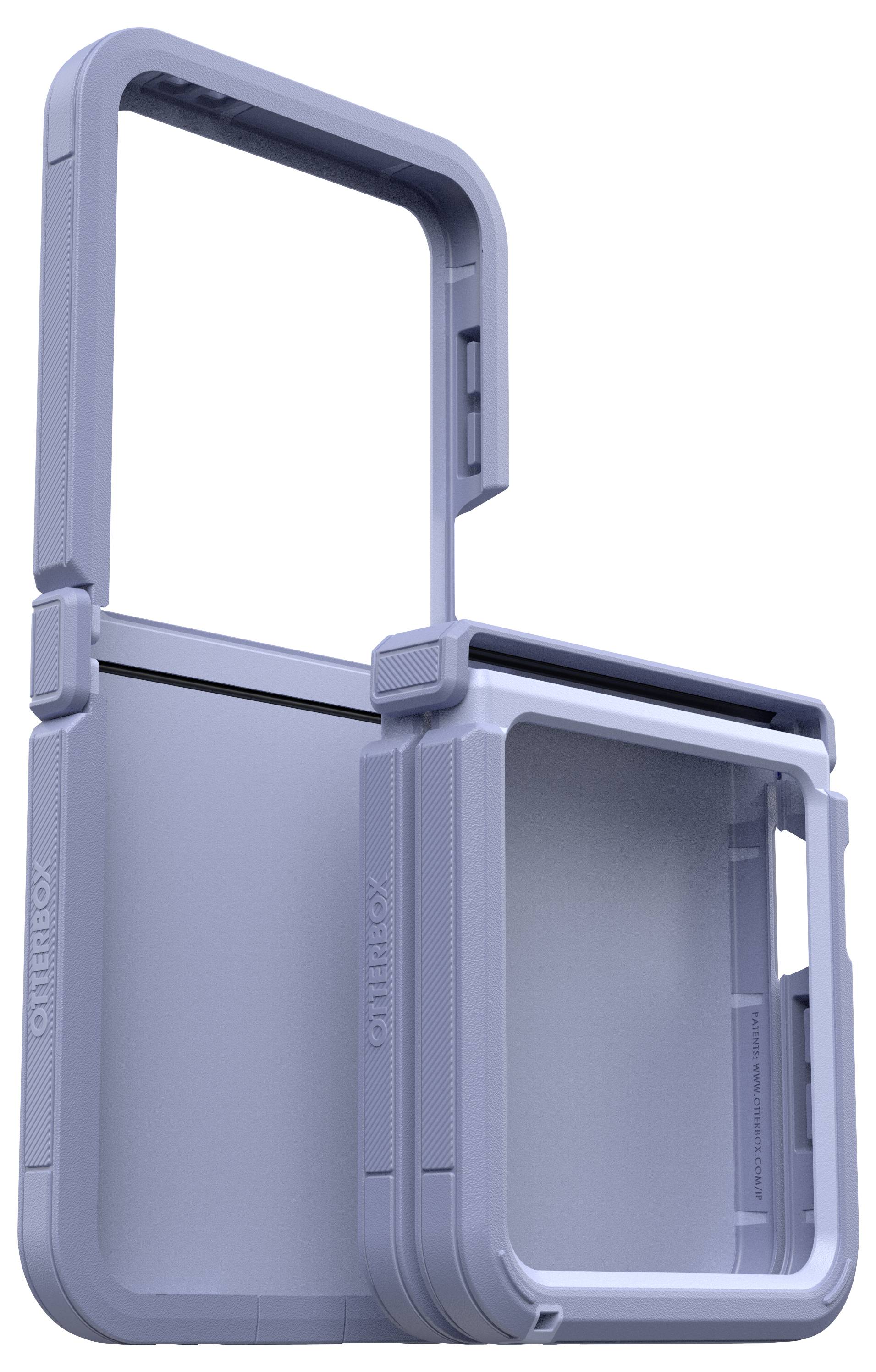 Dwukolorowy, prostokątny uchwyt z składaną rączką i przezroczystym okienkiem, przeznaczony do bezpiecznego przechowywania małych przedmiotów.