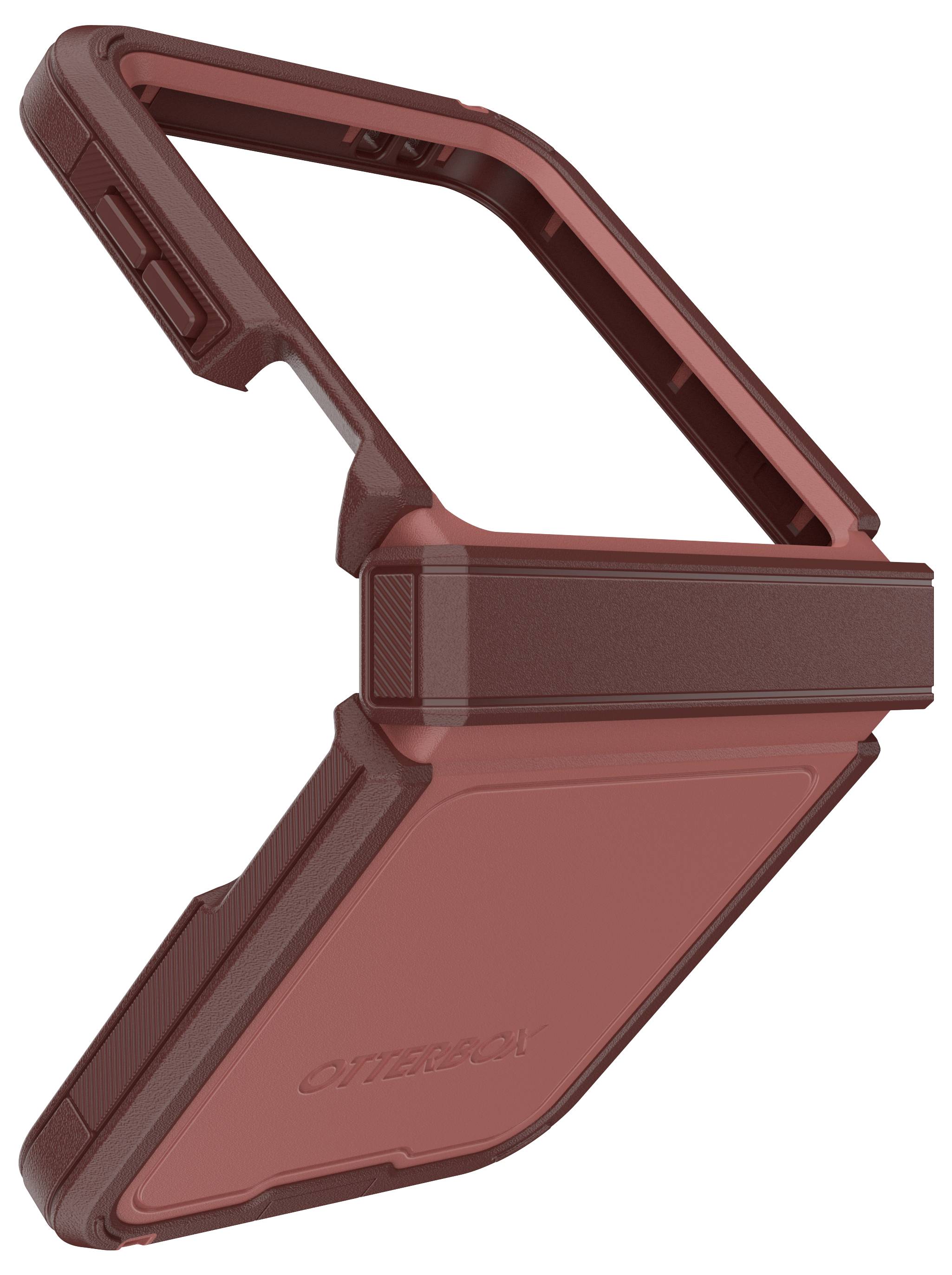 Czerwone etui na telefon o wytrzymałej konstrukcji z klapką stanowiącą podstawkę do bezrękawowego użytkowania.