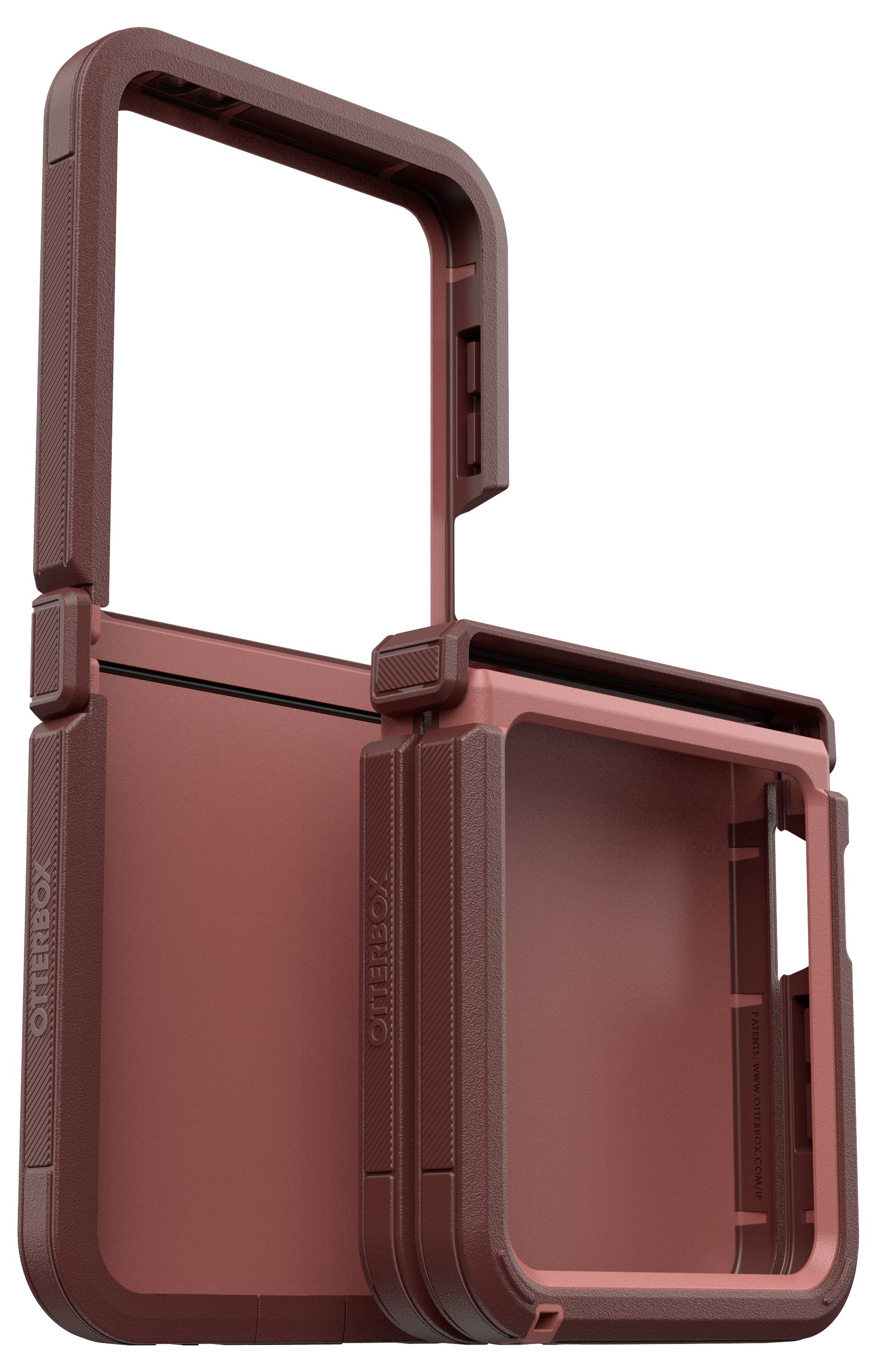 Futerał na telefon OtterBox w kolorze czarnym, składający się z dwóch części, rozłożony, prezentujący wytrzymałą konstrukcję zapewniającą maksymalną ochronę.