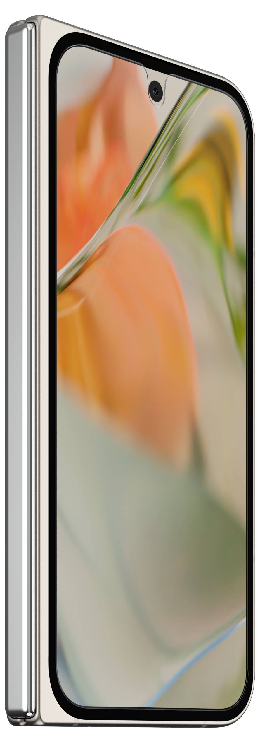 Nowoczesny smartfon z kolorowym ekranem. Jest w srebrnej obudowie i wyświetla abstrakcyjny obraz.
