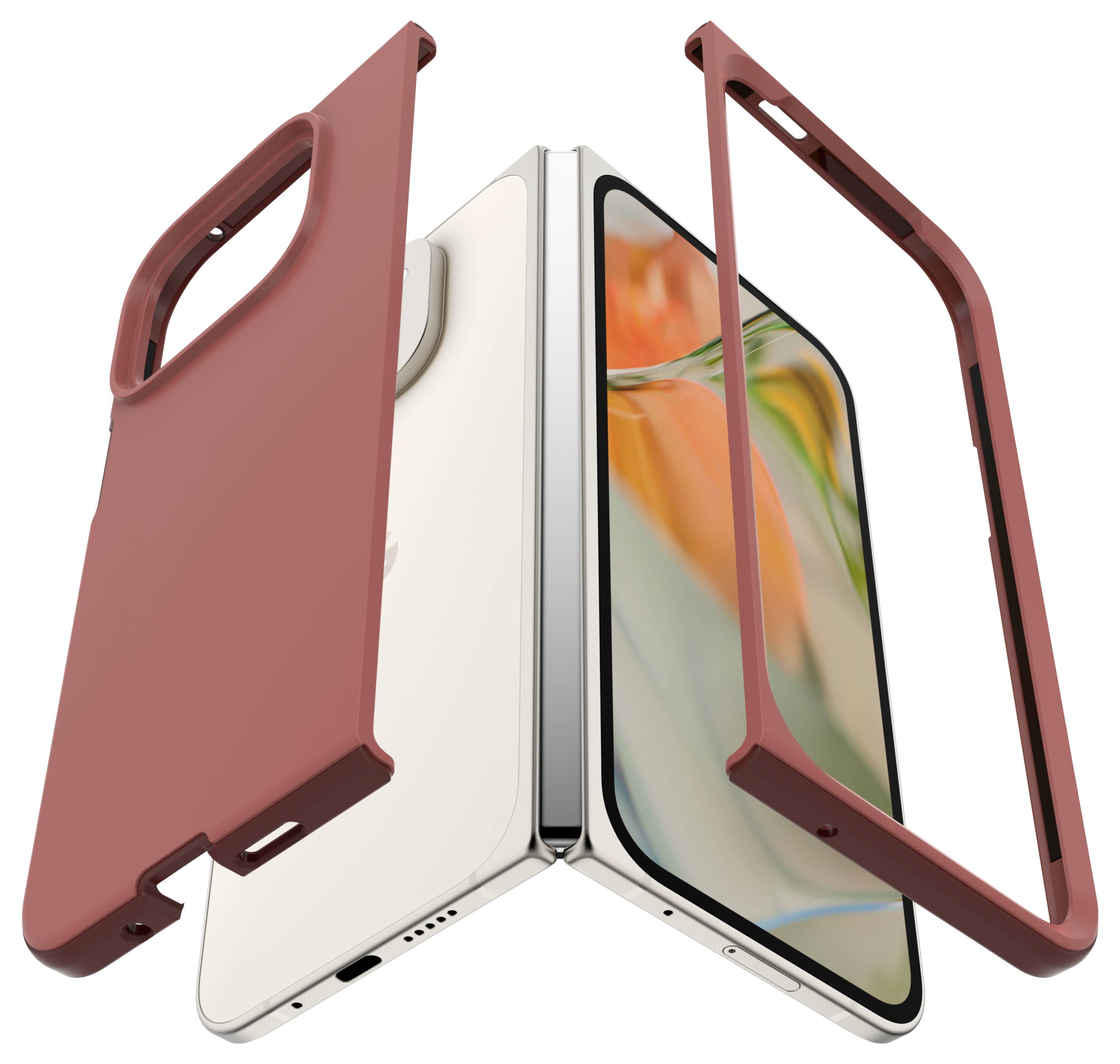 Dwie obudowy otaczają metalowy smartfon z kwiatowym tłem ekranu w kolorach pomarańczowym i zielonym.
