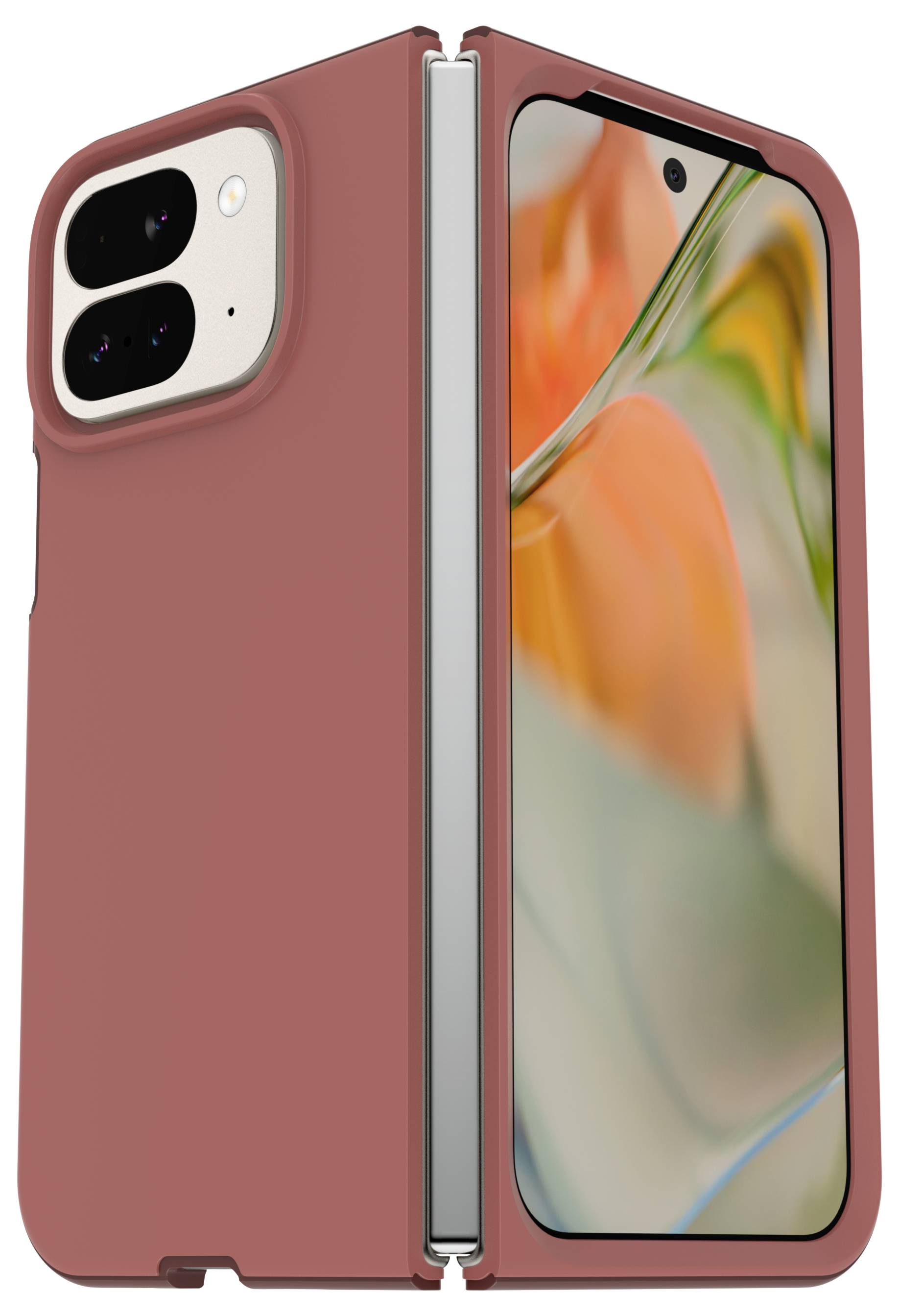 Stylowy, dwukolorowy smartfon o wyjątkowym designie, rozłożony, prezentuje ekran i tył urządzenia.