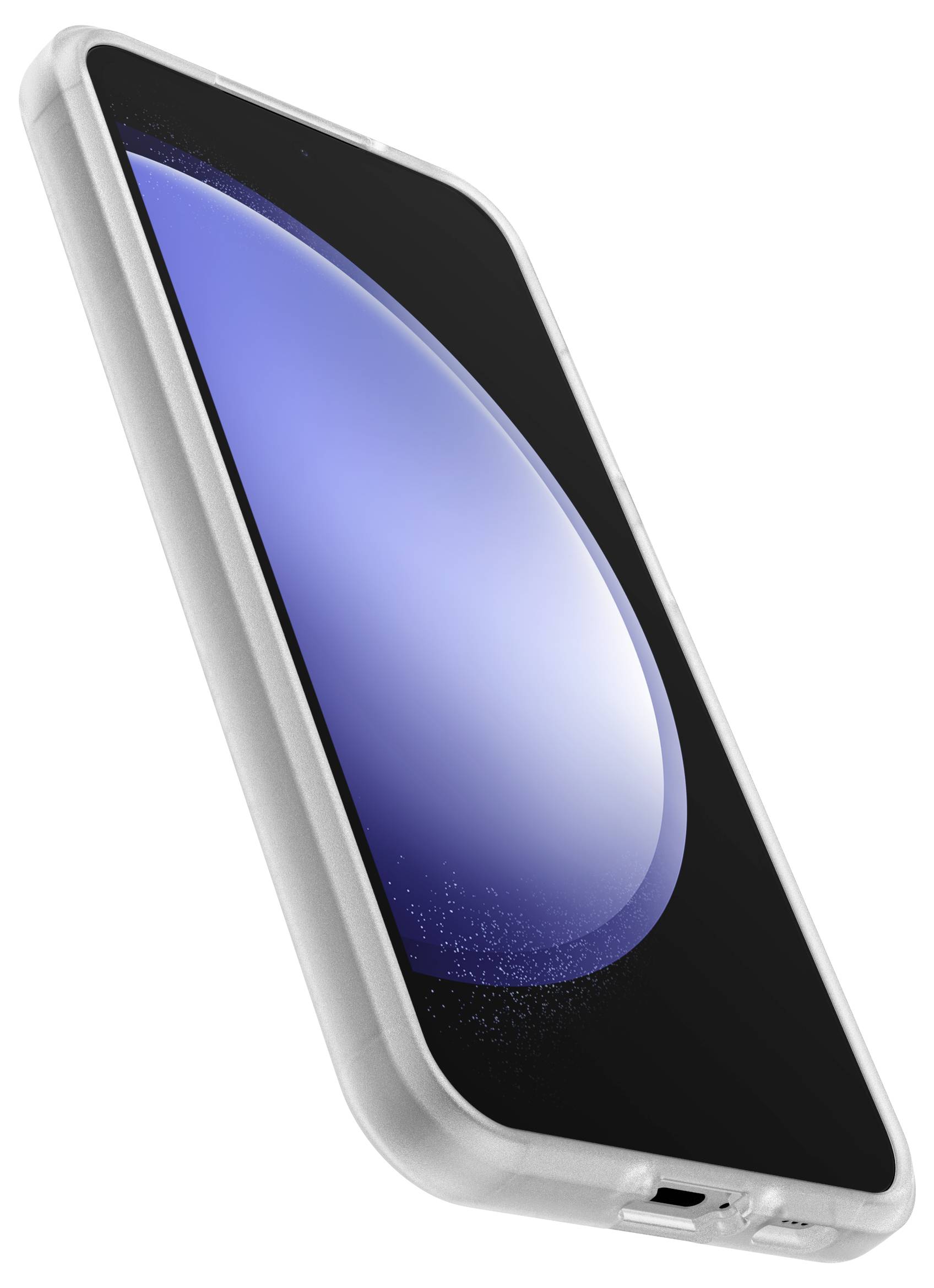Srebrny smartfon z czarnym wyświetlaczem, prezentujący niebieski refleks świetlny. Urządzenie jest lekko pochylone, z naciskiem na design.